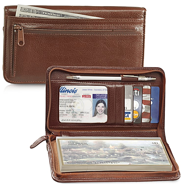Cognac Zippered Checkbook Cover Wallet
