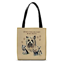 Four Yorkshire Terrier Dogs Make Loyal Carryall Companions for Shopping Trips and Beyond!