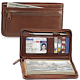 Cognac Zippered Checkbook Cover Wallet