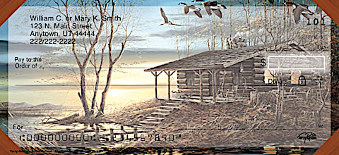 Terry Redlin's Cabin Retreat Personal Checks, Log Cabin Checks, Canoeing Checks